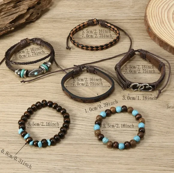 6 Pc Western Bracelet Boho Rodeo Turquoise Men Women Retro PU Leather Bracelets - Picture 10 of 13